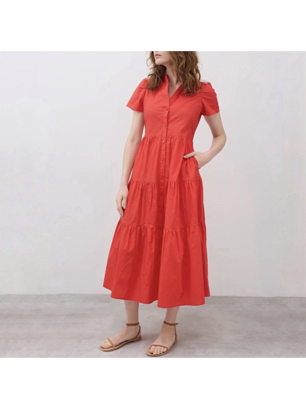 Ruti Breaking Free Long Poplin Midi Dress Hot Coral Red Short Sleeve Women’s M/L